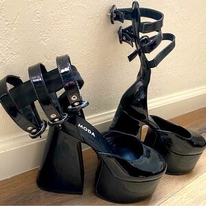 Dolls Kill Lamoda Black Vinyl Platform Heels w/ Ankle Straps